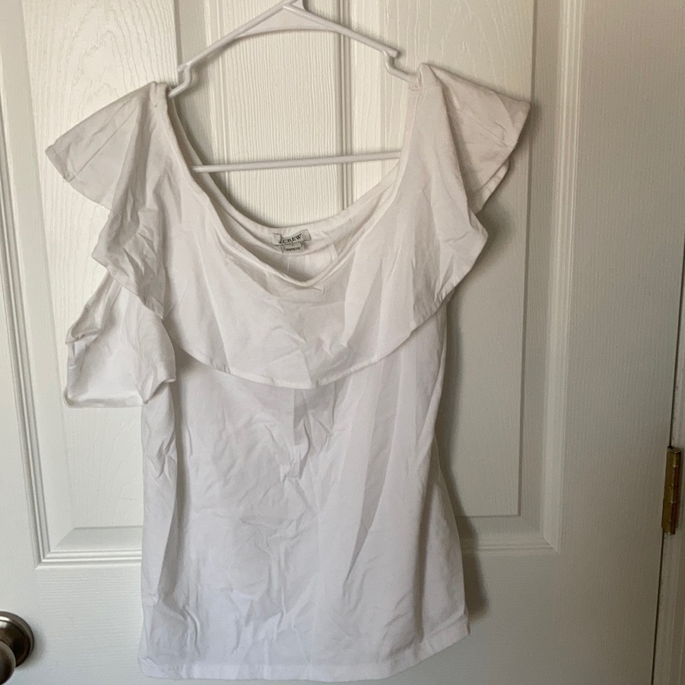 White ruffled asymmetrical J. Crew shirt